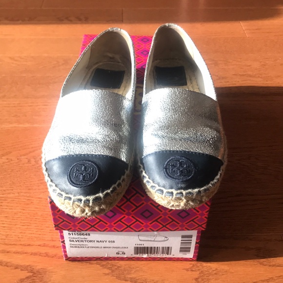 Tory Burch Shoes - Tory Burch Silver and Navy Flat Espadrille